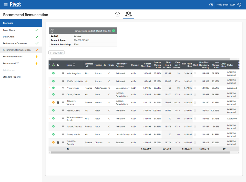 screenshot of Remuneration Ally
